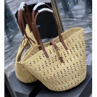 Good Product SAINT LAURENT PANIER MEDIUM BAG IN CROCHET RAFFIA AND SMOOTH LEATHER 688221 NATUREL