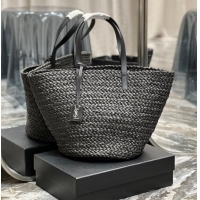 Unique Style SAINT LAURENT PANIER MEDIUM BAG IN RAFFIA 693242 BLACK