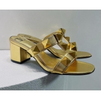 Most Popular Valentino Roman Stud Leather Medium Heel Slide Sandals 4.5cm Gold 070450