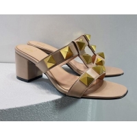 Pretty Style Valentino Roman Stud Leather Medium Heel Slide Sandals 4.5cm Nude 070452