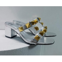 Best Product Valentino Roman Stud Leather Medium Heel Slide Sandals 4.5cm Silver 070453