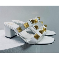 Top Grade Valentino Roman Stud Leather Medium Heel Slide Sandals 4.5cm White 070454