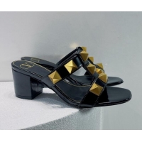 Perfect Valentino Roman Stud Leather Medium Heel Slide Sandals 4.5cm Black 070455