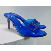 Good Quality Valentino VLogo Crystal PVC Heel Slide Sandals 8cm Blue 070460