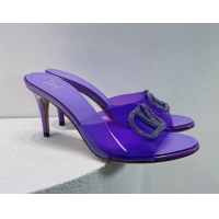 Unique Style Valentino VLogo Crystal PVC Heel Slide Sandals 8cm Purple 070462