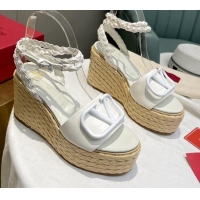 Good Quality Valentino VLogo Calfskin Wedge Platform Sandals 9cm White 072077