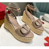 Luxurious Valentino VLogo Calfskin Wedge Platform Sandals 9cm Dusty Pink/Khaki 072078