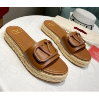 Grade Quality Valentino VLogo Calfskin Flat Slide Sandals Brown 072079