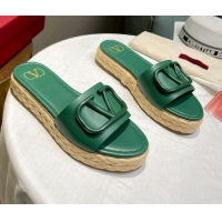 Best Grade Valentino VLogo Calfskin Flat Slide Sandals Green 072081