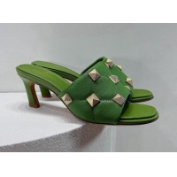 Sophisticated Valentino Roman Stud Grained Calfskin Medium Heel Slide Sandals Green 072222