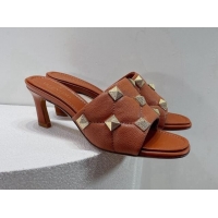 Discount Valentino Roman Stud Grained Calfskin Medium Heel Slide Sandals Brown 072223