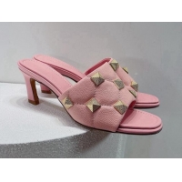 Cheap Price Valentino Roman Stud Grained Calfskin Medium Heel Slide Sandals Pink 072224