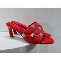 Charming Valentino Roman Stud Grained Calfskin Medium Heel Slide Sandals Red 072225