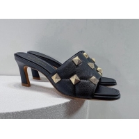 Good Looking Valentino Roman Stud Grained Calfskin Medium Heel Slide Sandals Black 072227