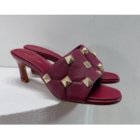 Grade Quality Valentino Roman Stud Grained Calfskin Medium Heel Slide Sandals Burgundy 072228