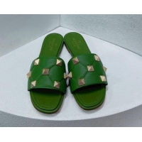 Pretty Style Valentino Roman Stud Grained Calfskin Flat Slide Sandals Green 072229