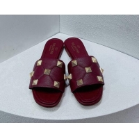 Pretty Style Valentino Roman Stud Grained Calfskin Flat Slide Sandals Burgundy 072230