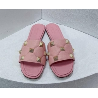 Best Grade Valentino Roman Stud Grained Calfskin Flat Slide Sandals Pink 072231