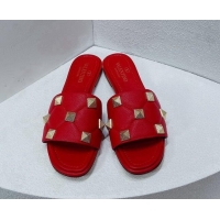 Top Grade Valentino Roman Stud Grained Calfskin Flat Slide Sandals Red 072232