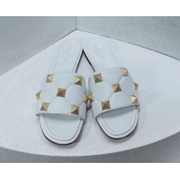 Durable Valentino Roman Stud Grained Calfskin Flat Slide Sandals White 2072233