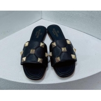 Duplicate Valentino Roman Stud Grained Calfskin Flat Slide Sandals Black 072234