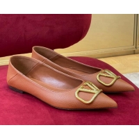 Good Looking Valentino VLogo Grained Leather Ballerinas Flat Brown 072239