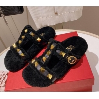 1:1 aaaaa Valentino Shearling Flat Strap Sandals Black 081346