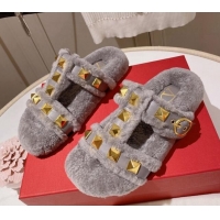 Stylish Valentino Shearling Flat Strap Sandals Grey 081347