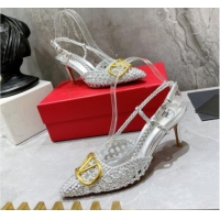 Good Quality Valentino VLogo Signature Slingback Pump in Woven Leather 8cm Heel Silver 0823012