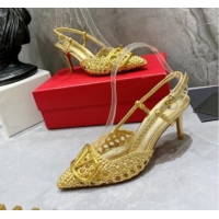 Classic Hot Valentino VLogo Signature Slingback Pump in Woven Leather 8cm Heel Gold 0823013