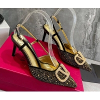 Sumptuous Valentino VLogo Signature Slingback Pump with Crystal 8cm Heel Black/Gold 0823018