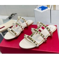 Purchase Valentino Lambskin Rockstud No Limit Slide Flat Sandals White 0824062