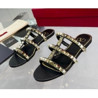 Good Quality Valentino Lambskin Rockstud No Limit Slide Flat Sandals Black 0824063