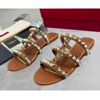 Low Cost Valentino Lambskin Rockstud No Limit Slide Flat Sandals Brown 0824064