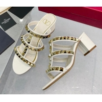 Classic Hot Valentino Lambskin Rockstud No Limit Slide Sandals 60MM Heel White 0824068