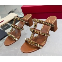 Stylish Valentino Lambskin Rockstud No Limit Slide Sandals 60MM Heel Brown 0824069