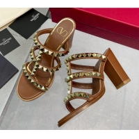 Unique Style Valentino Lambskin Rockstud No Limit Slide Sandals 90MM Heel Brown 0824070