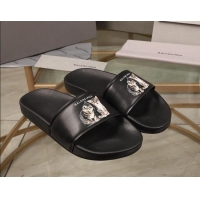 Perfect Balenciaga Cats Print Leather Flat Slide Sandals Black 052490