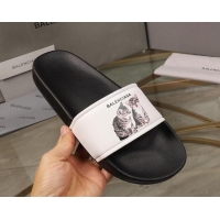 Sumptuous Balenciaga Cats Print Leather Flat Slide Sandals Black/White 052492