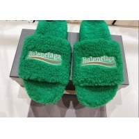 Best Price Balenciaga Fur Signature Flat Slide Sandals Green 072103