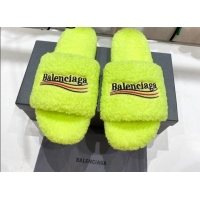 Good Quality Balenciaga Fur Signature Flat Slide Sandals Neon Yellow 072104