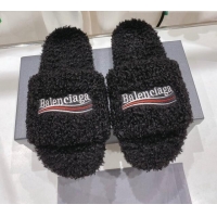 Stylish Balenciaga Fur Signature Flat Slide Sandals Black 072105