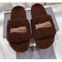 Sophisticated Balenciaga Fur Signature Flat Slide Sandals Chocolate 072106