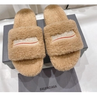 Grade Quality Balenciaga Fur Signature Flat Slide Sandals Camel Brown 072109