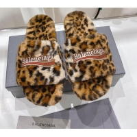 Pretty Style Balenciaga Fur Signature Flat Slide Sandals Leopard Print 072110