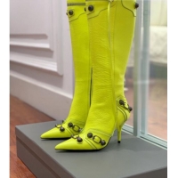 Stylish Balenciaga Cagole High Boots 9cm in Crinkle Shiny Leather Neon Green 831118