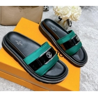 Classic Hot Louis Vuitton Pool Pillow Comfort Satin Slide Sandals with LV Circle Buckle Green 052368