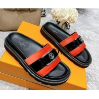 Good Quality Louis Vuitton Pool Pillow Comfort Satin Slide Sandals with LV Circle Buckle Orange 052369