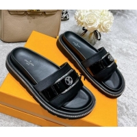 Purchase Louis Vuitton Pool Pillow Comfort Satin Slide Sandals with LV Circle Buckle Black 052370