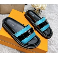 Grade Quality Louis Vuitton Pool Pillow Comfort Satin Slide Sandals with LV Circle Buckle Blue 052371